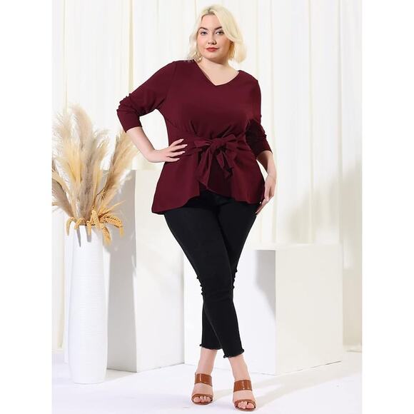 Peplum Style Burgundy Belted Knot Tie Top Agnes Orinda Women's Plus Size 3X - Picture 7 of 8
